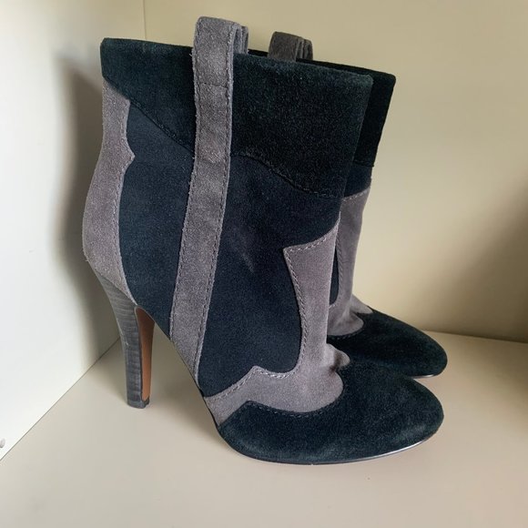 Nine West Shoes - Real Leather Statement Stacked Heel Suede Booties